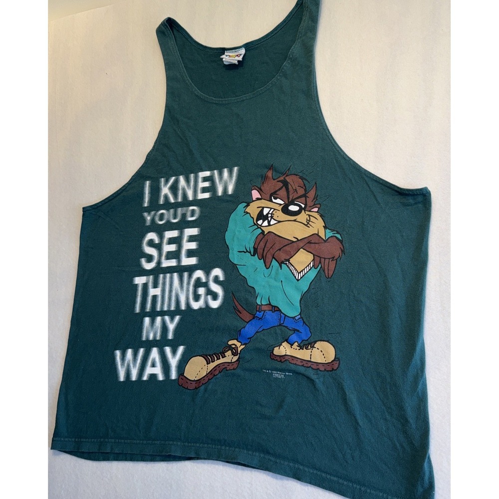 Vintage Looney Toons Muscle Graphic Tank Top GREEN 1995 XL MENS Taz! VTG Warner